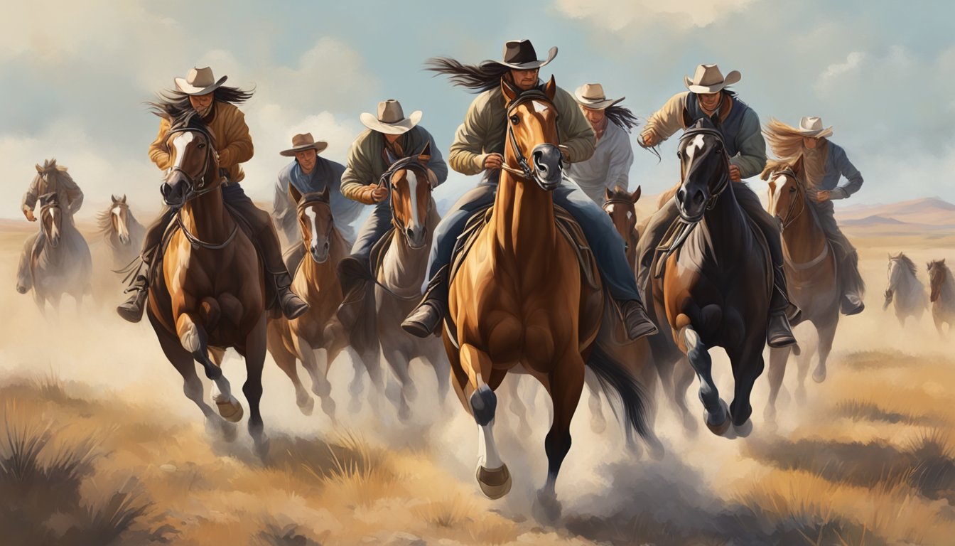 A group of sturdy, muscular horses galloping across an open prairie, their powerful frames and determined expressions reflecting the rugged lifestyle of the cowboy