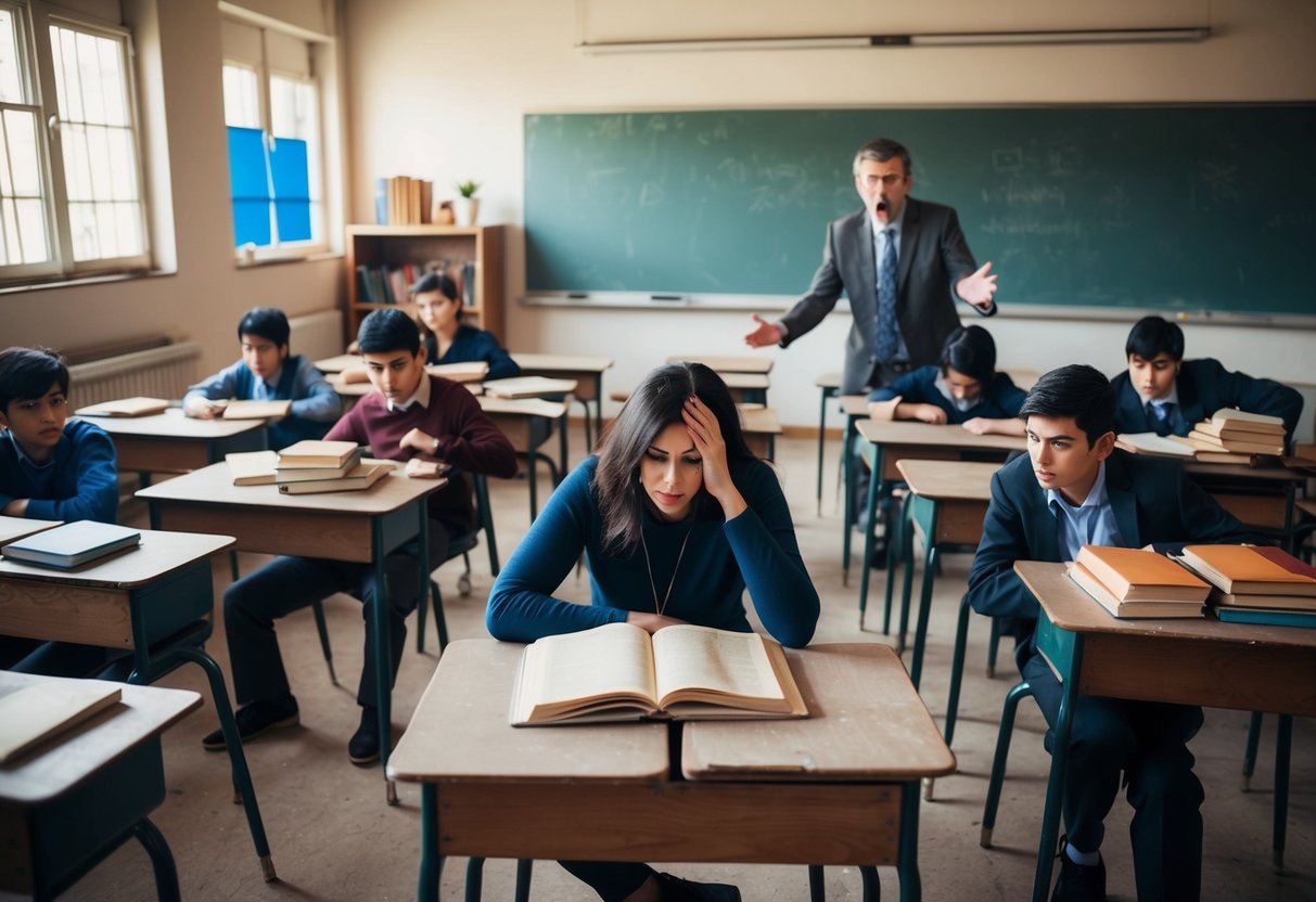 Empty classroom with broken desks and outdated textbooks. Frustrated teacher surrounded by students with limited resources