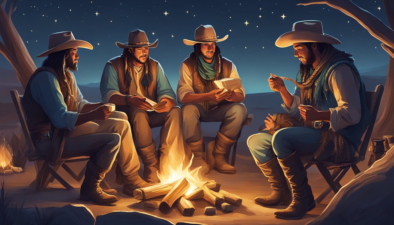 A group of cowboys and Native Americans exchanging gifts and sharing stories around a campfire under the vast, starry sky