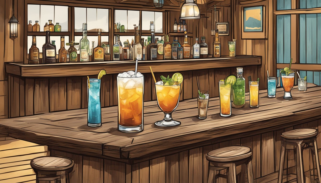 A rustic bar with cowboy-themed cocktails, featuring modern twists on traditional recipes