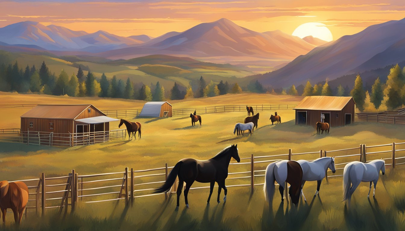 A group of sturdy ranch horses being trained and managed in a spacious corral, with a backdrop of rolling hills and a vibrant sunset