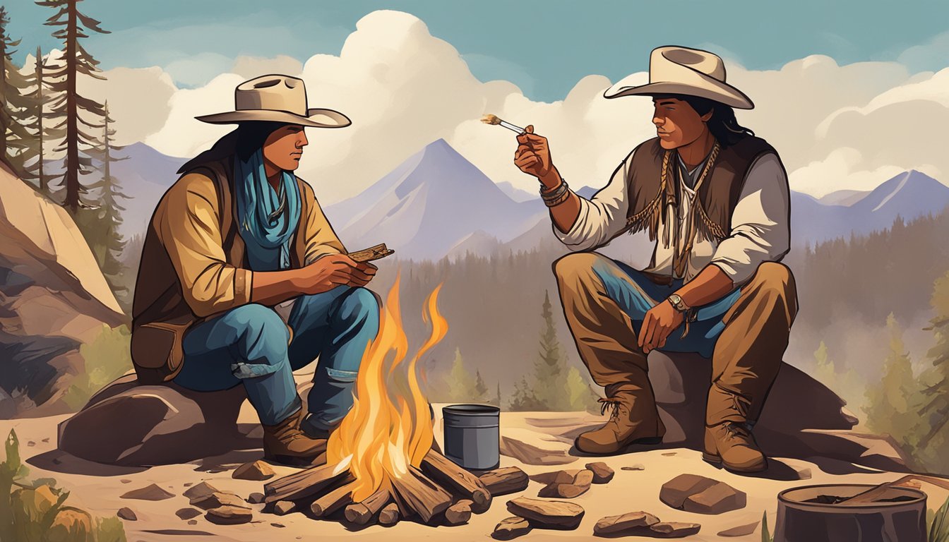 A cowboy and a Native American sharing tobacco and trading goods around a campfire