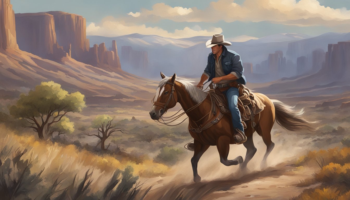 A cowboy riding a sturdy, muscular horse through a rugged western landscape