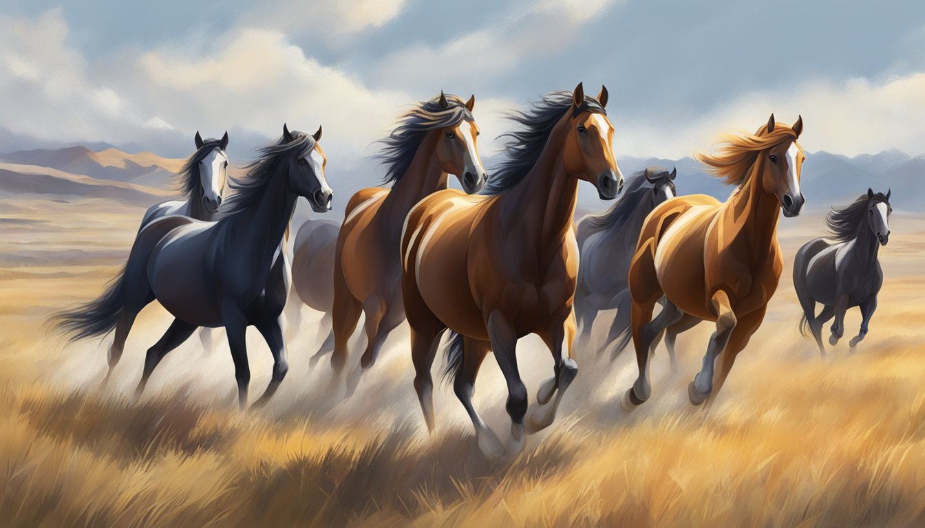 A group of sturdy, muscular horses roam freely across a vast, open prairie, their sleek coats glistening in the sunlight as they graze and gallop together