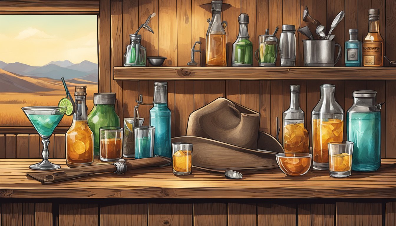 A rustic bar set-up with cowboy-themed cocktail ingredients, tools, and glassware