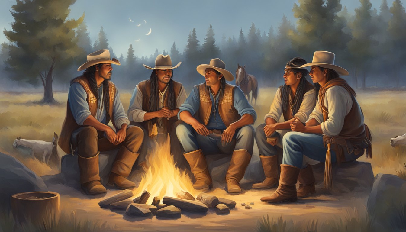 A group of cowboys and Native Americans gather around a campfire, sharing stories and traditions, while horses graze nearby