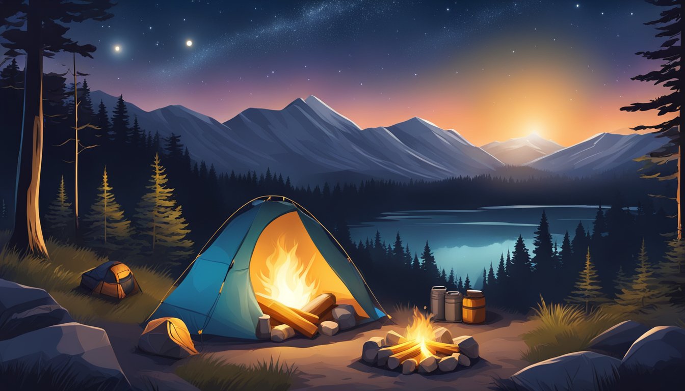 A clear night sky with a glowing campfire surrounded by essential camping gear such as a sleeping bag, tarp, and backpack