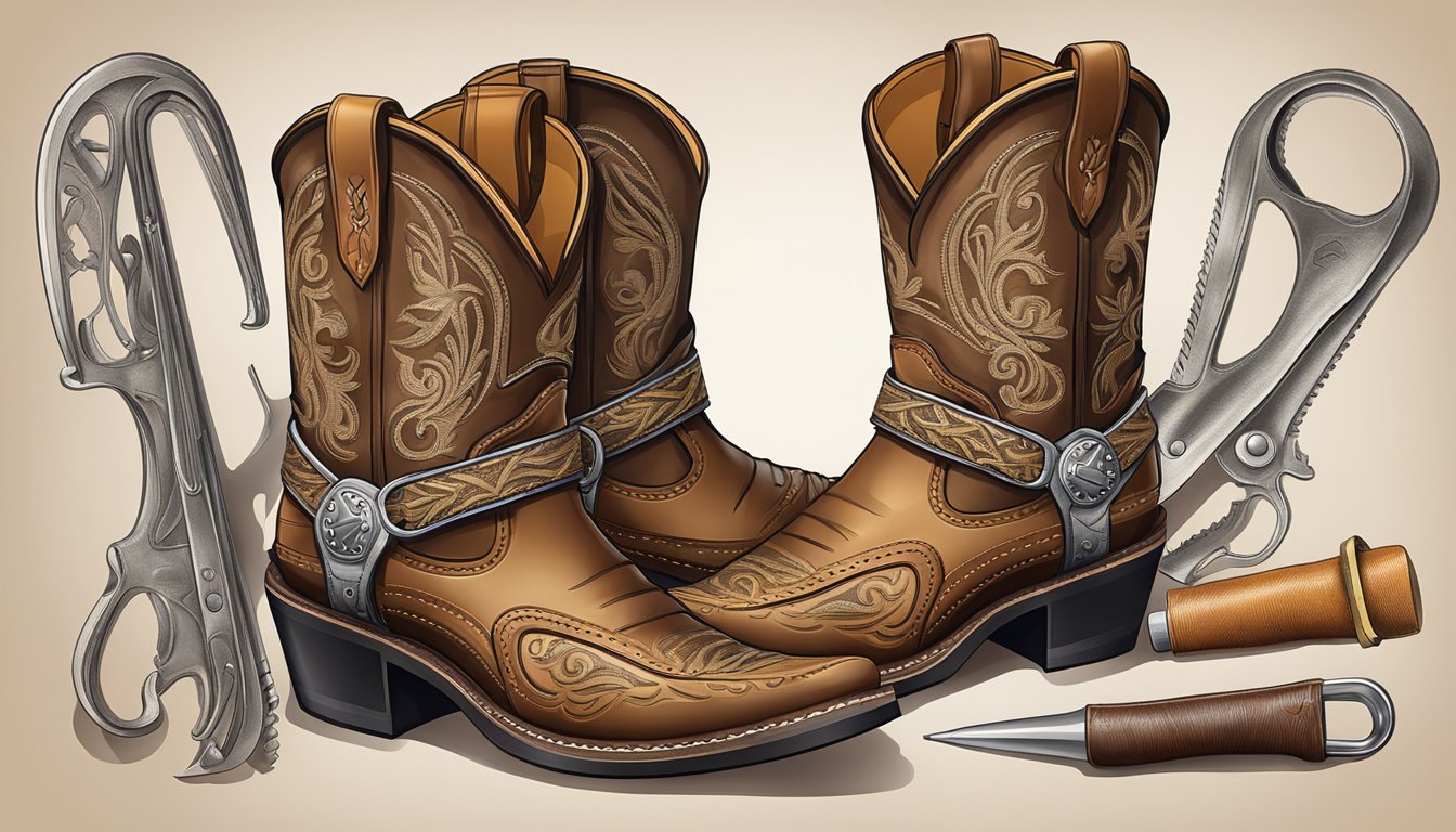 A cowboy boot workshop with tools, leather, and intricate stitching details