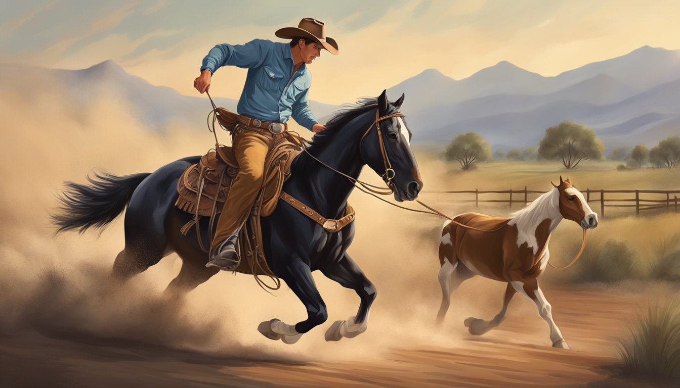 A cowboy expertly lassos a calf while riding a galloping horse, showcasing the art of horsemanship and preserving cowboy culture