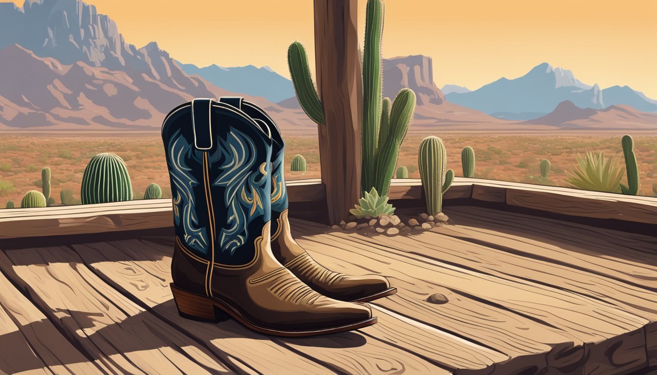 A cowboy boot resting on a wooden porch, surrounded by dusty trails and cacti, with a rugged landscape in the background