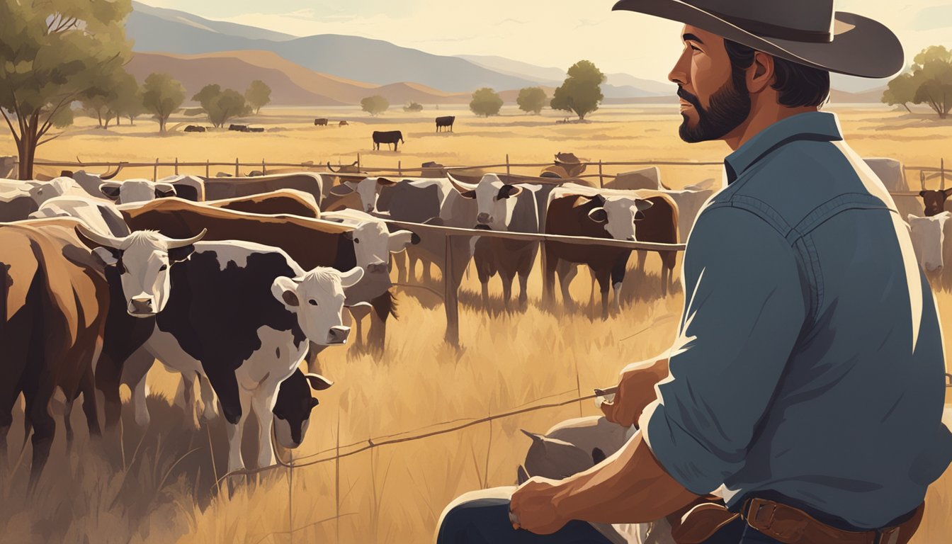 A modern cowboy tending to a herd of cattle on a sustainable, open range ranch