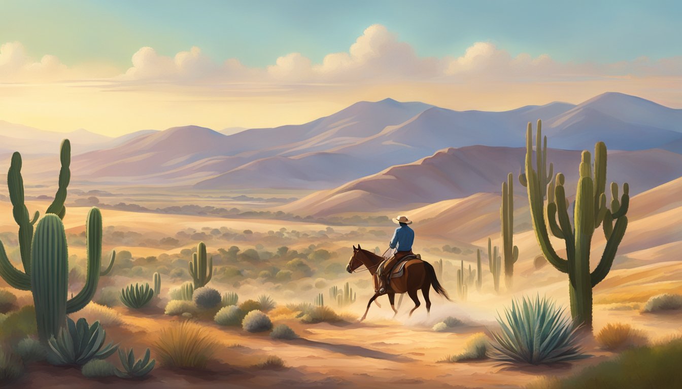 A dusty, sun-drenched landscape with rolling hills, cacti, and a lone cowboy on horseback herding cattle