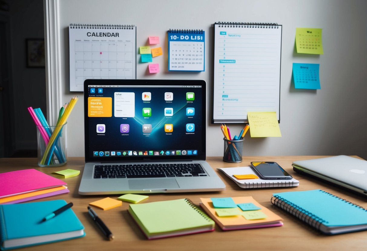 A cluttered desk with open laptop, notebooks, and colorful sticky notes. A calendar and to-do list on the wall. Various app icons on the screen