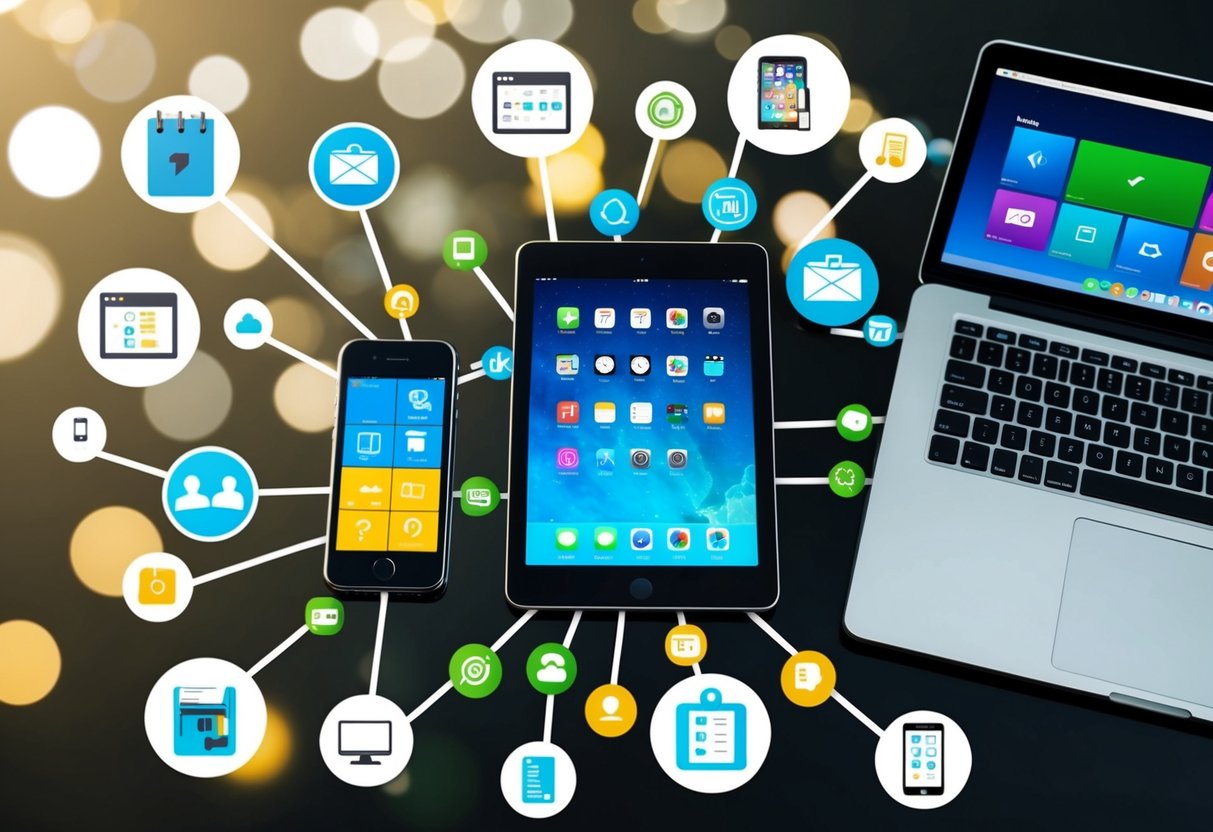 A smartphone, tablet, and laptop connected by lines, surrounded by icons of various organizational and productivity apps