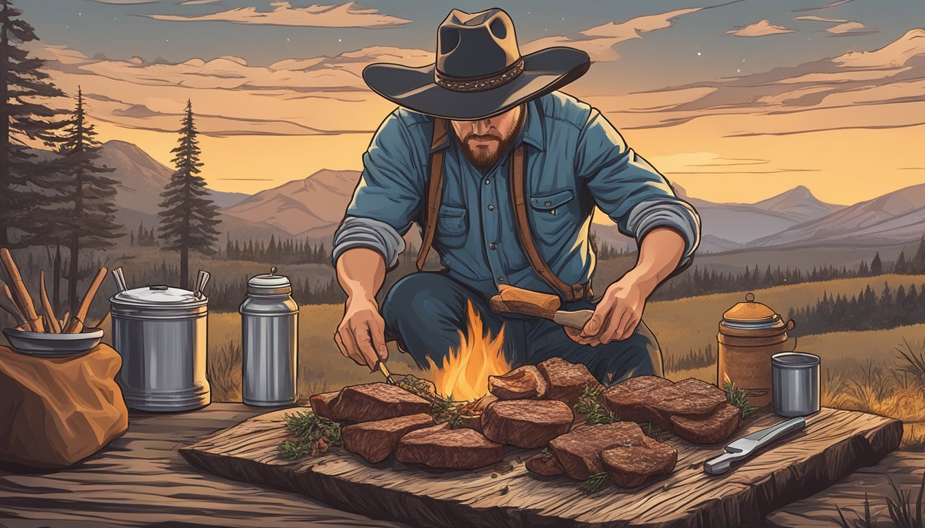 A cowboy's hand seasoning a prime cut of beef over a crackling campfire