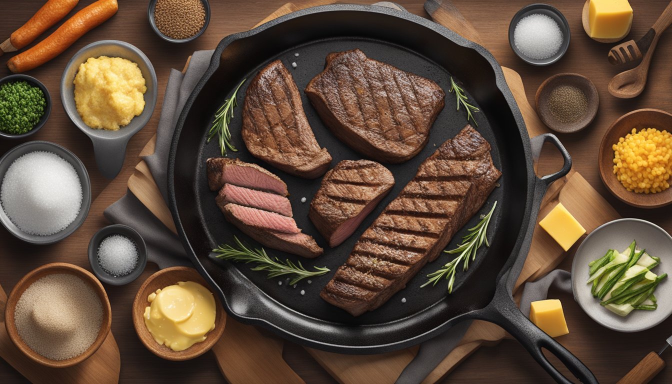 A sizzling steak sears on a cast iron skillet over an open flame, surrounded by traditional cowboy cooking ingredients like salt, pepper, and butter