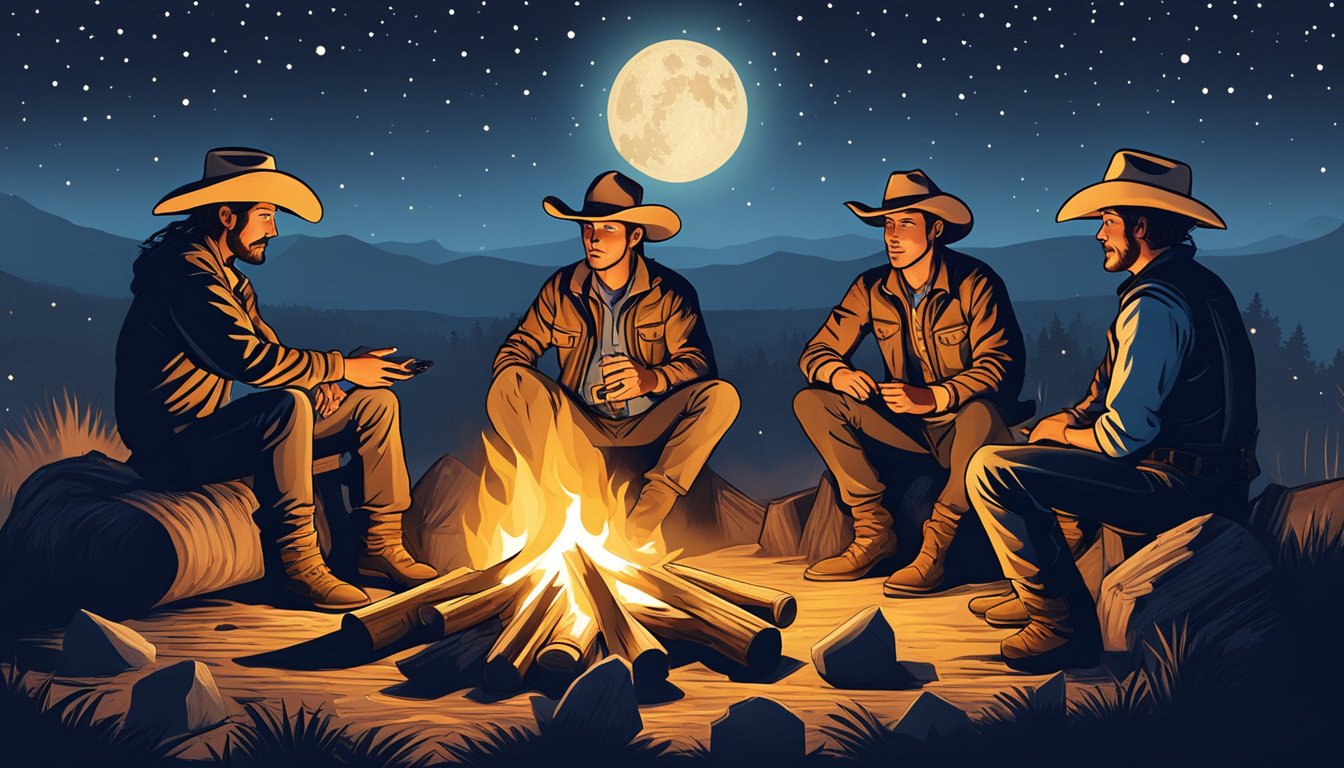 A campfire surrounded by cowboys, with one telling a story as the others listen intently, under a starry night sky