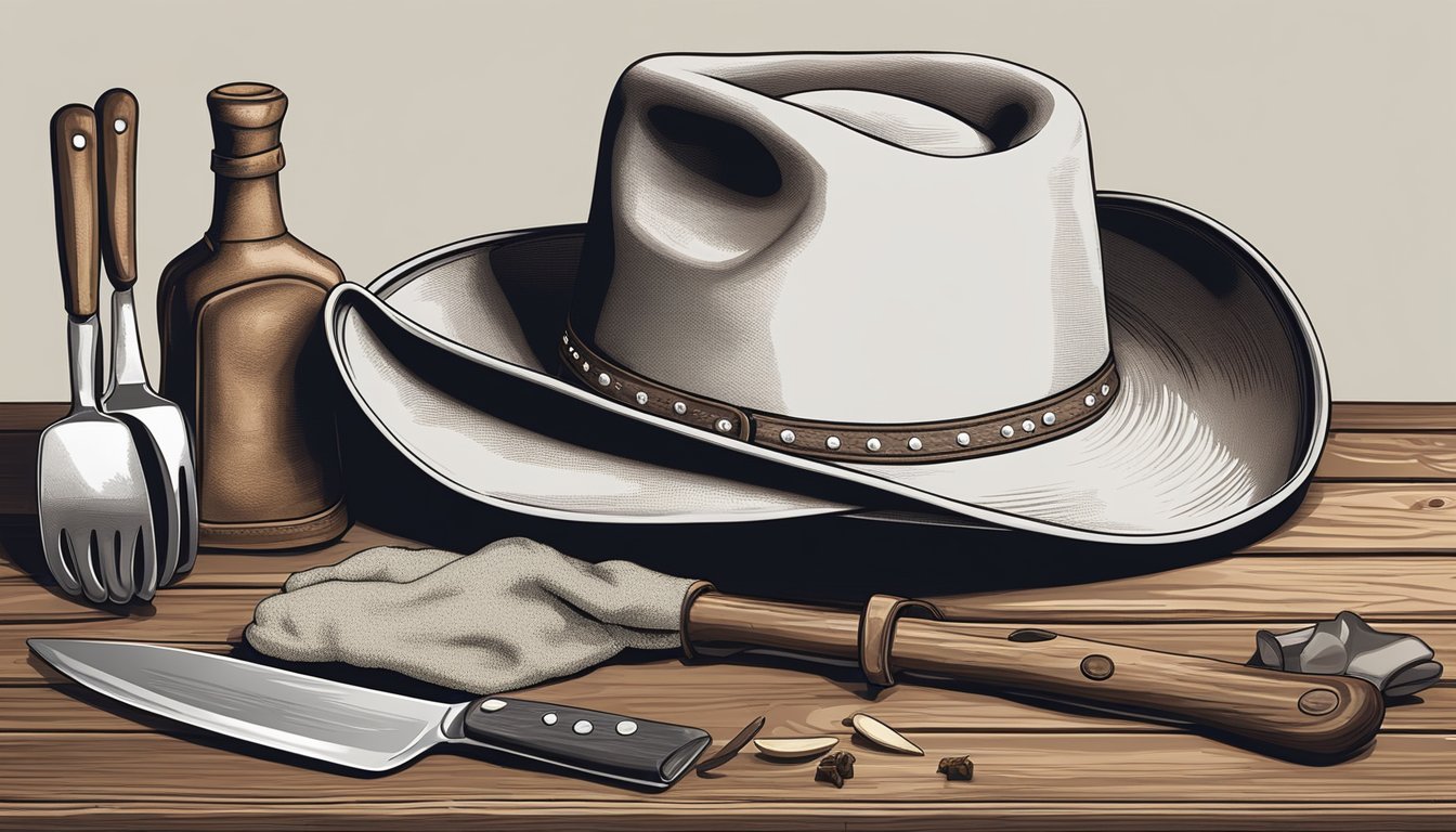 A cowboy hat and a pair of worn leather cooking gloves rest on a rustic wooden table, surrounded by various cuts of beef and cooking utensils