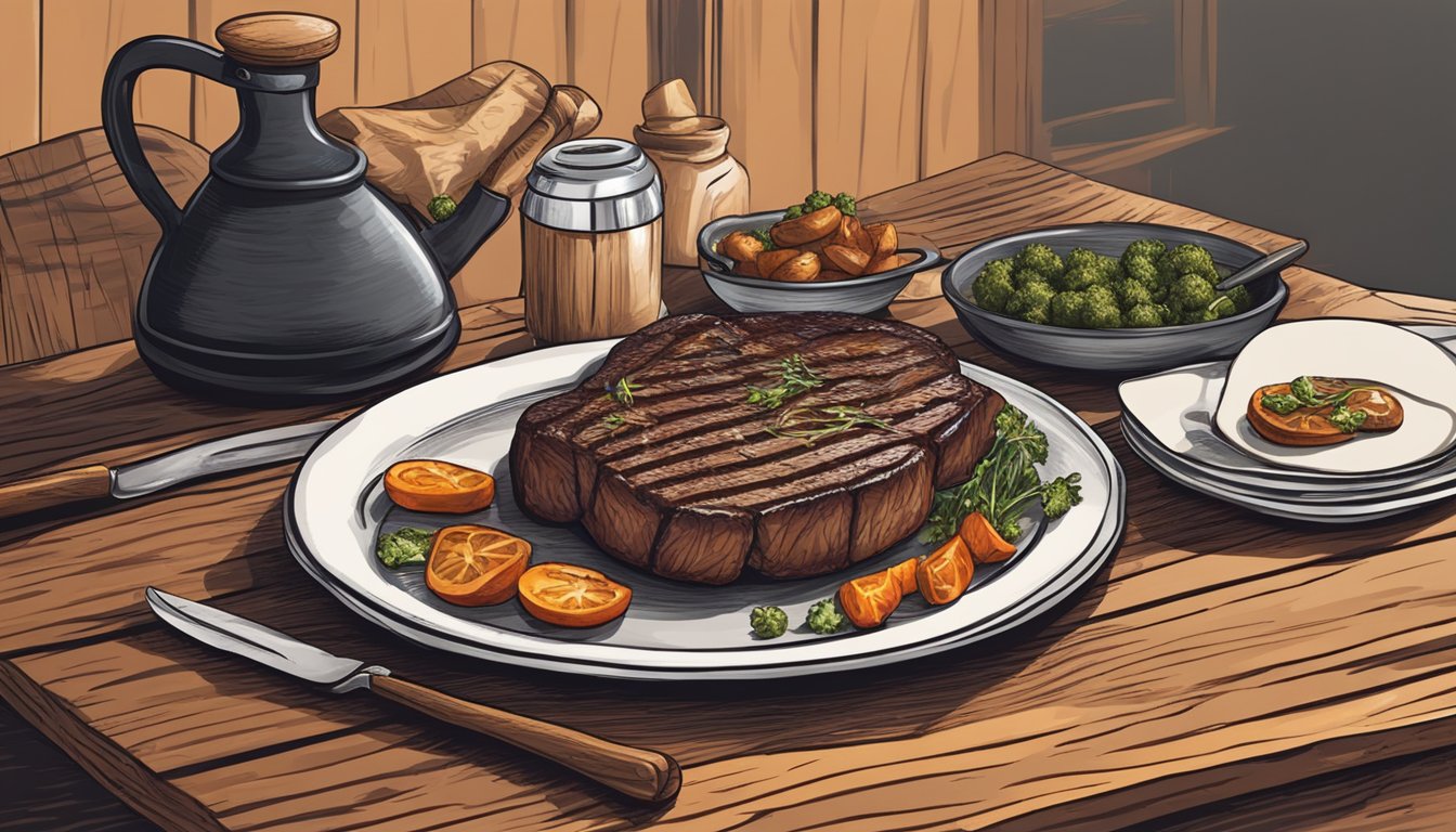 A rustic wooden table set with a platter of perfectly seared steak, accompanied by a cast iron skillet and cowboy hat