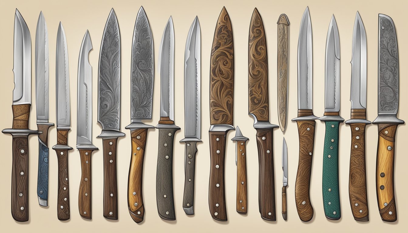 A rustic workbench displays an array of intricately crafted cowboy knives, each showcasing unique materials and expert craftsmanship