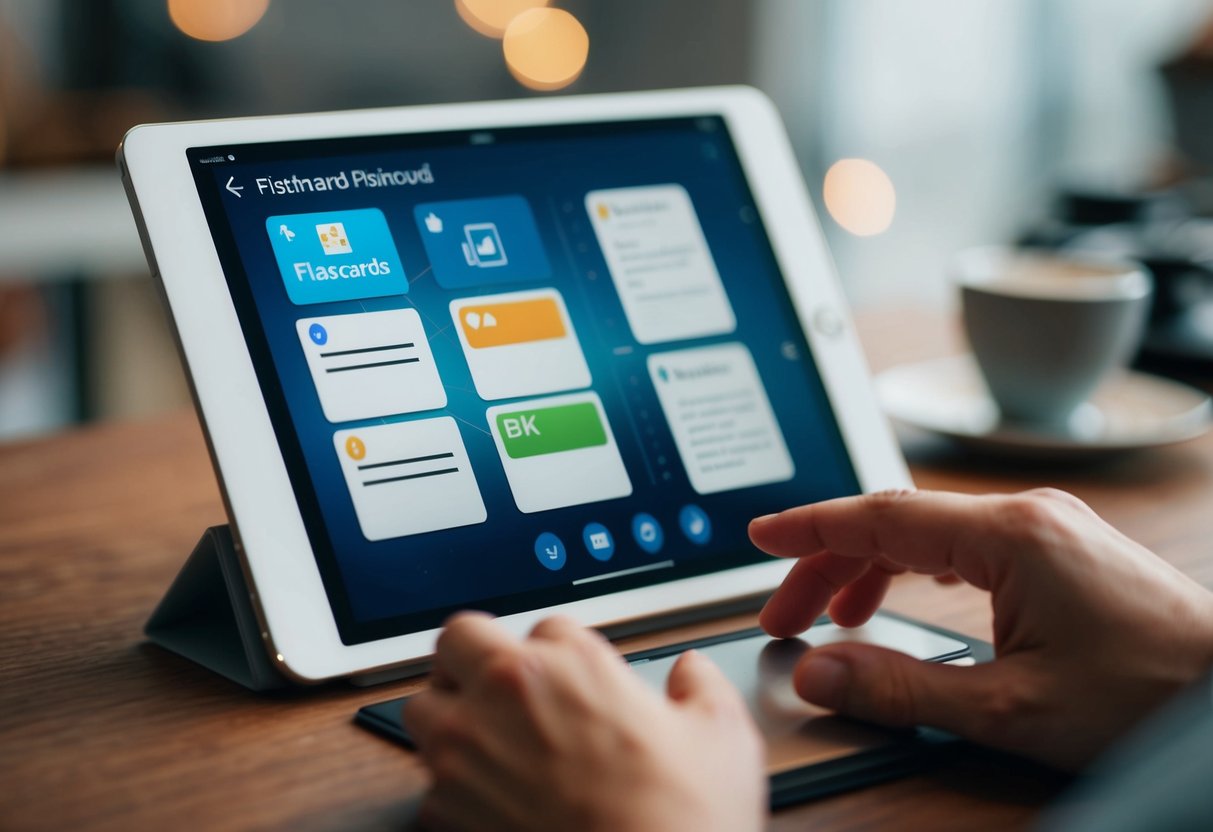 A digital device displaying flashcards with interactive features