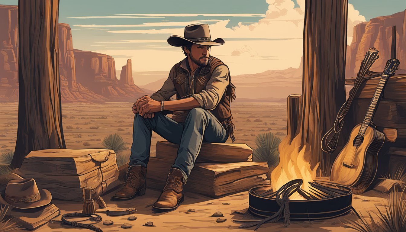 A lone cowboy sits by a campfire, surrounded by the symbols of the American West - a lasso, a saddle, and a weathered guitar