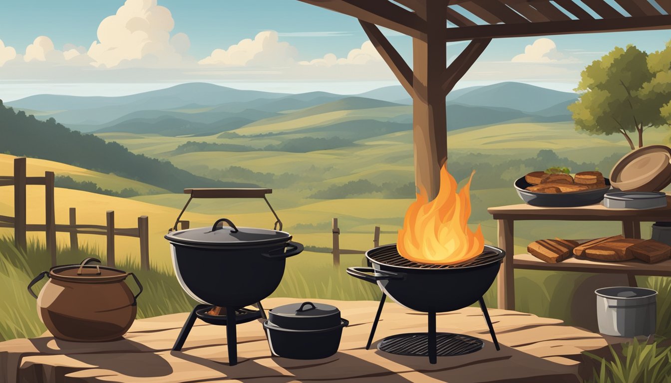 A rustic outdoor cooking scene with a campfire, cast iron pots, and grilling utensils, surrounded by a western landscape of rolling hills and cattle