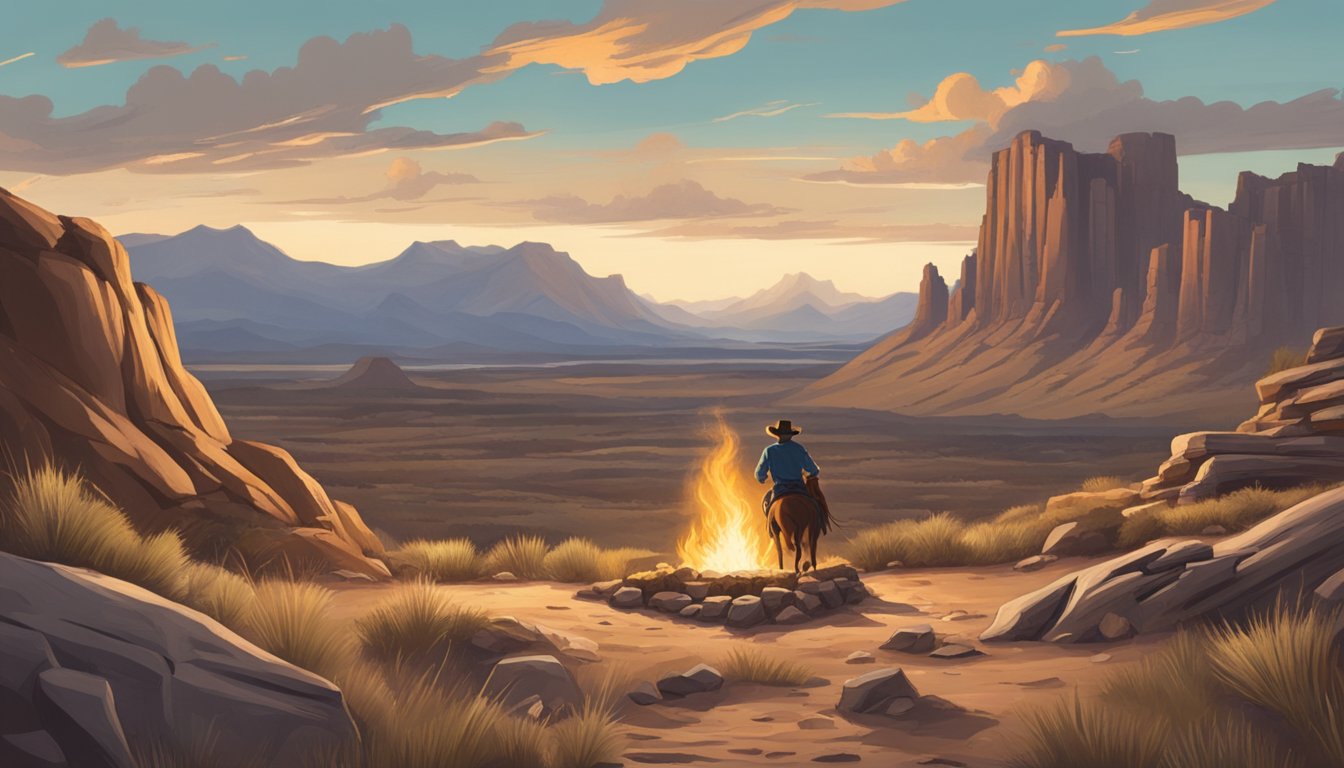 A lone cowboy rides through a rugged western landscape, with a campfire and storytelling circle in the background