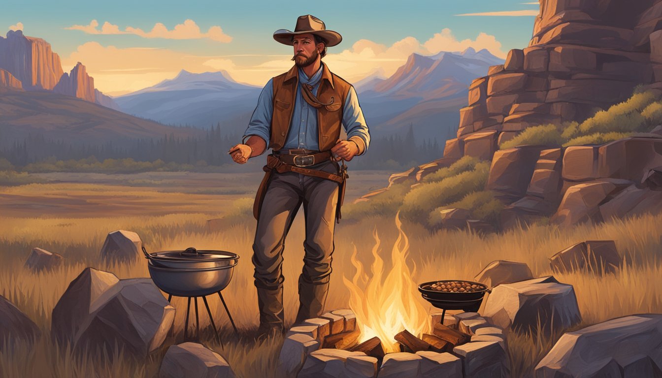 A rugged cowboy stands beside a crackling campfire, grilling the best cuts of beef over an open flame, surrounded by the vast expanse of the wild west