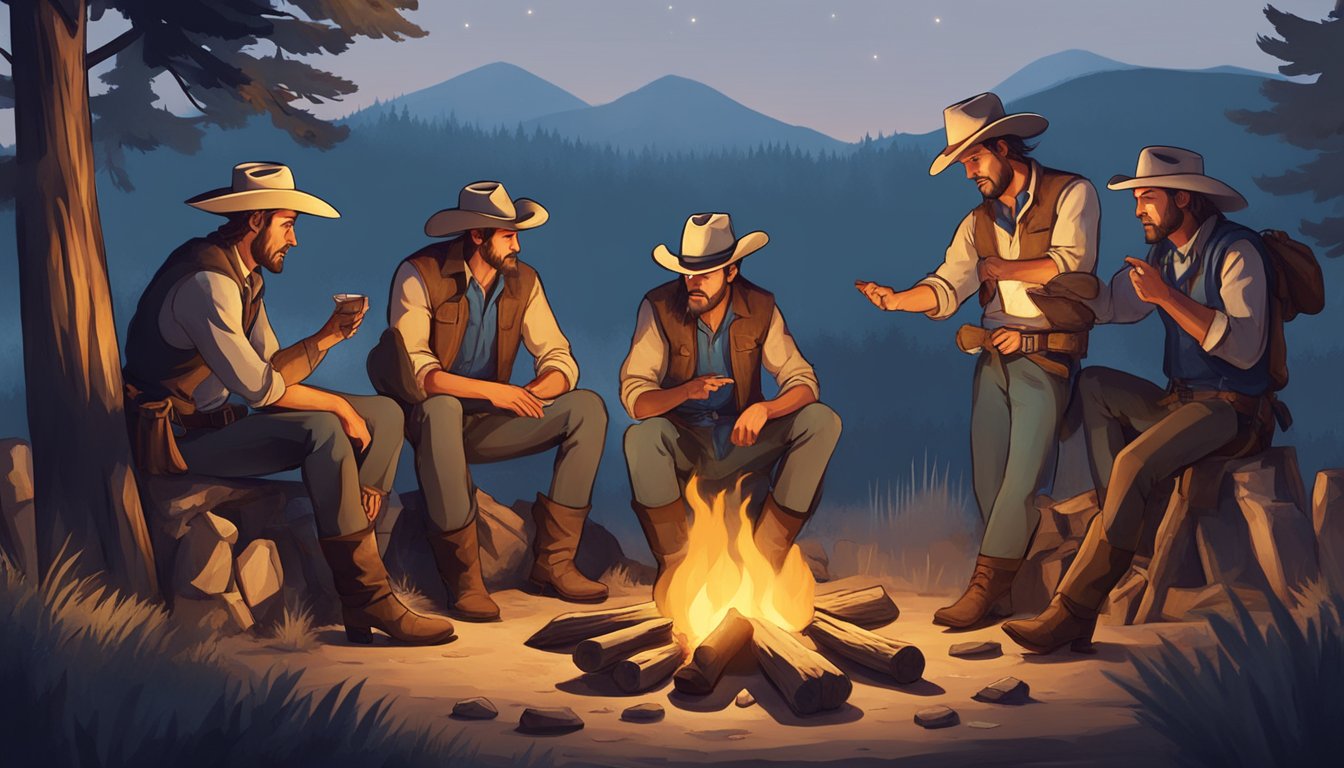 A group of cowboys gather around a campfire, sharing stories and passing down traditions through animated gestures and expressions