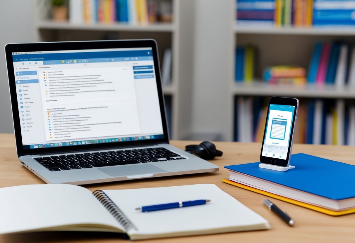 A desk with a laptop, notebook, and pen. A mobile phone displaying a note-taking app. A bookshelf with educational books in the background