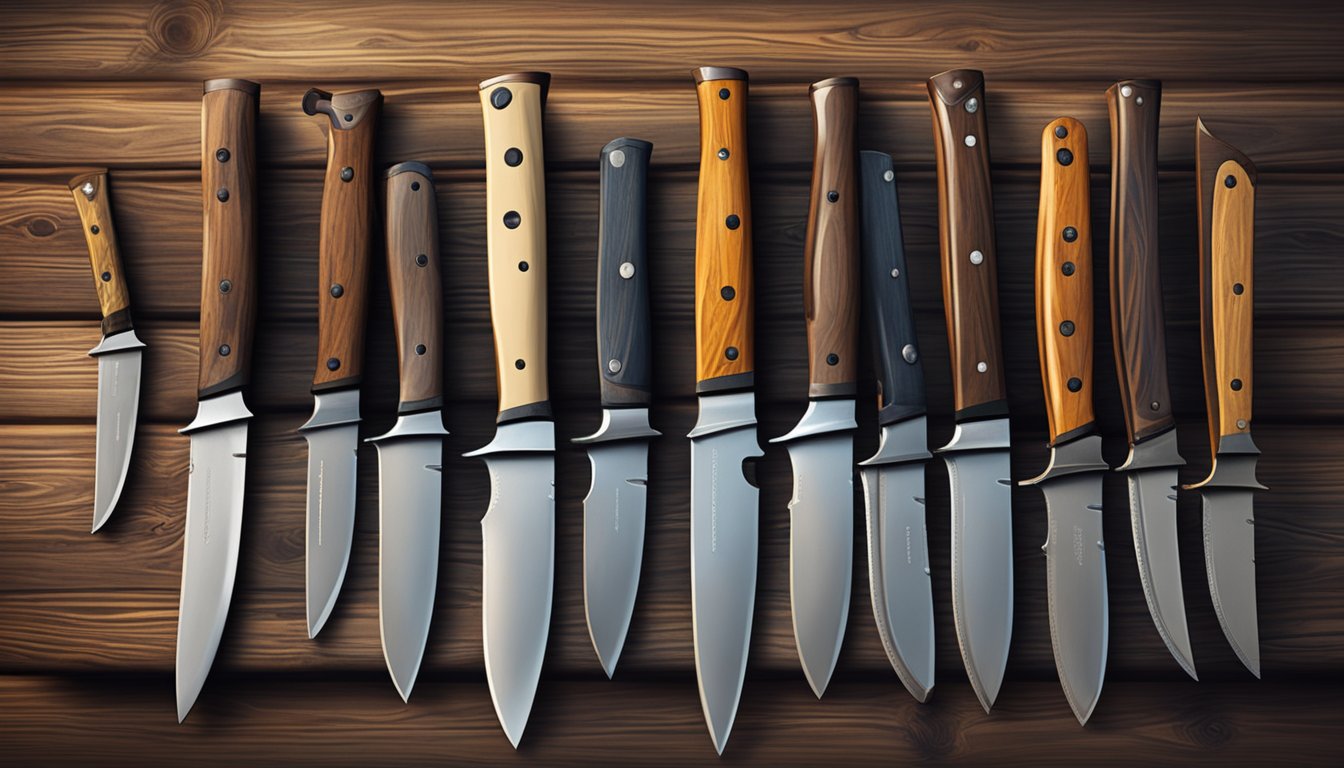 A row of cowboy knives displayed on a wooden table in a rustic setting, with a price tag and availability sign nearby