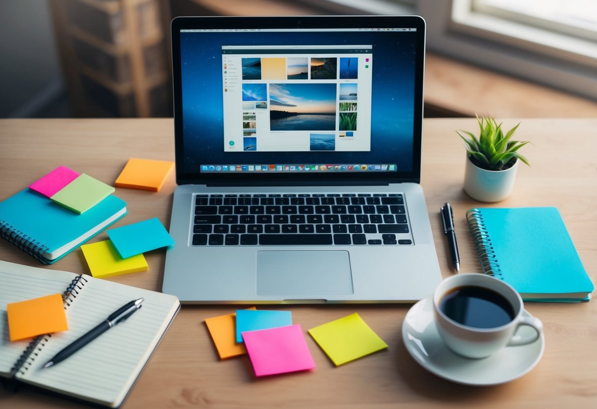 A desk with an open laptop, pen, and notebook surrounded by colorful sticky notes and a cup of coffee