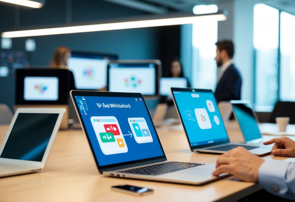 A group of digital devices displaying virtual whiteboard platforms in a collaborative workspace