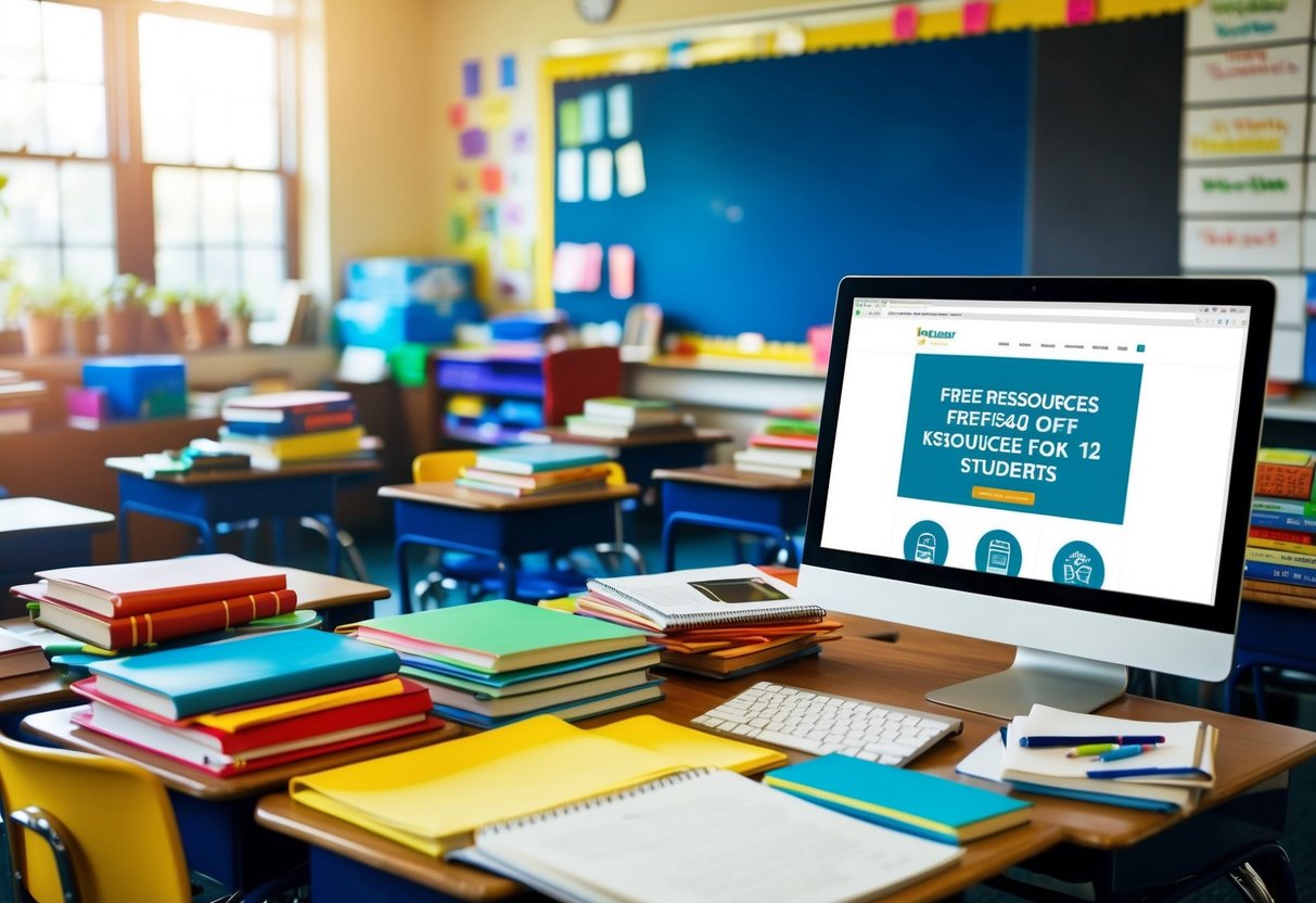 A classroom filled with colorful books and educational materials, with a computer displaying a website offering free resources for K-12 students