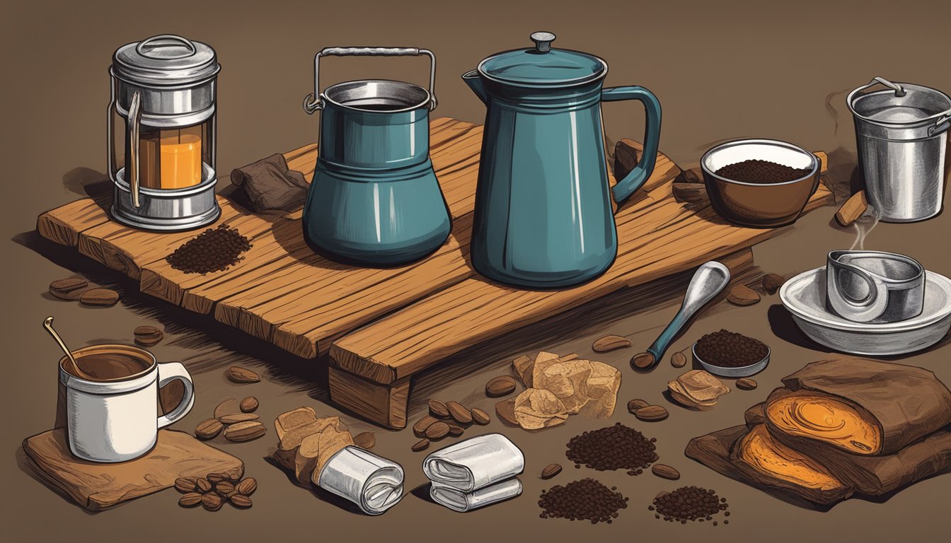 A crackling campfire surrounded by a collection of essential cowboy coffee equipment, including a pot, coffee grounds, and a tin cup