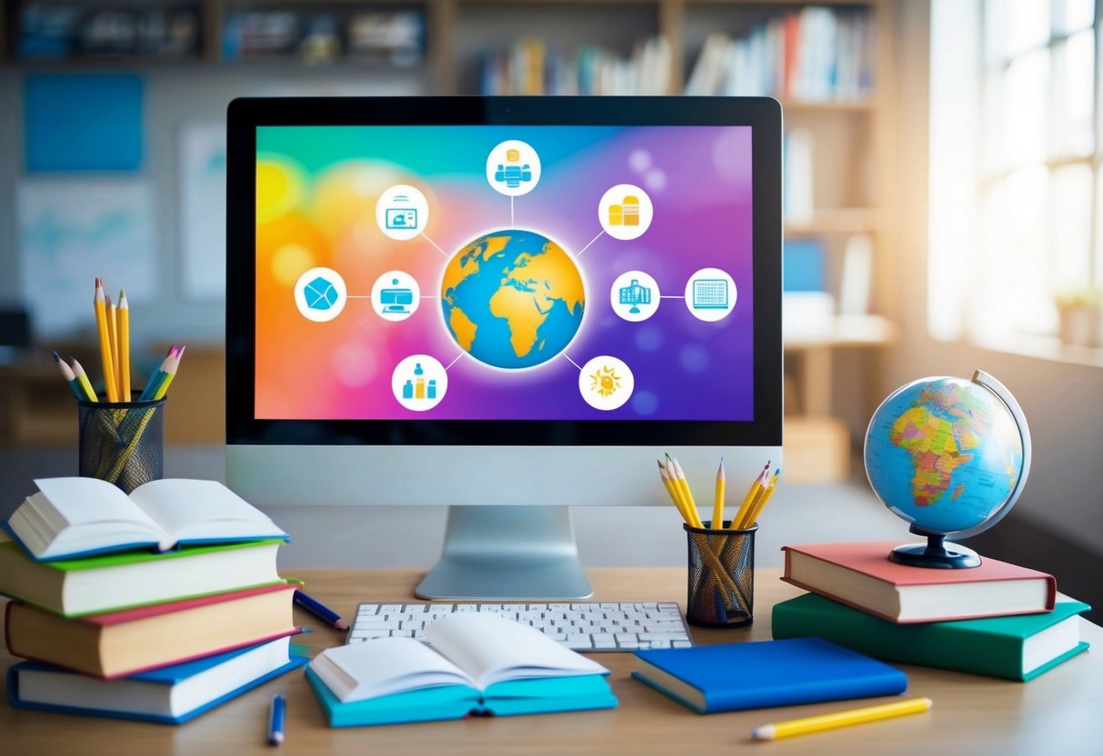 A colorful computer screen surrounded by books, pencils, and a globe. Icons of various educational subjects are displayed on the screen