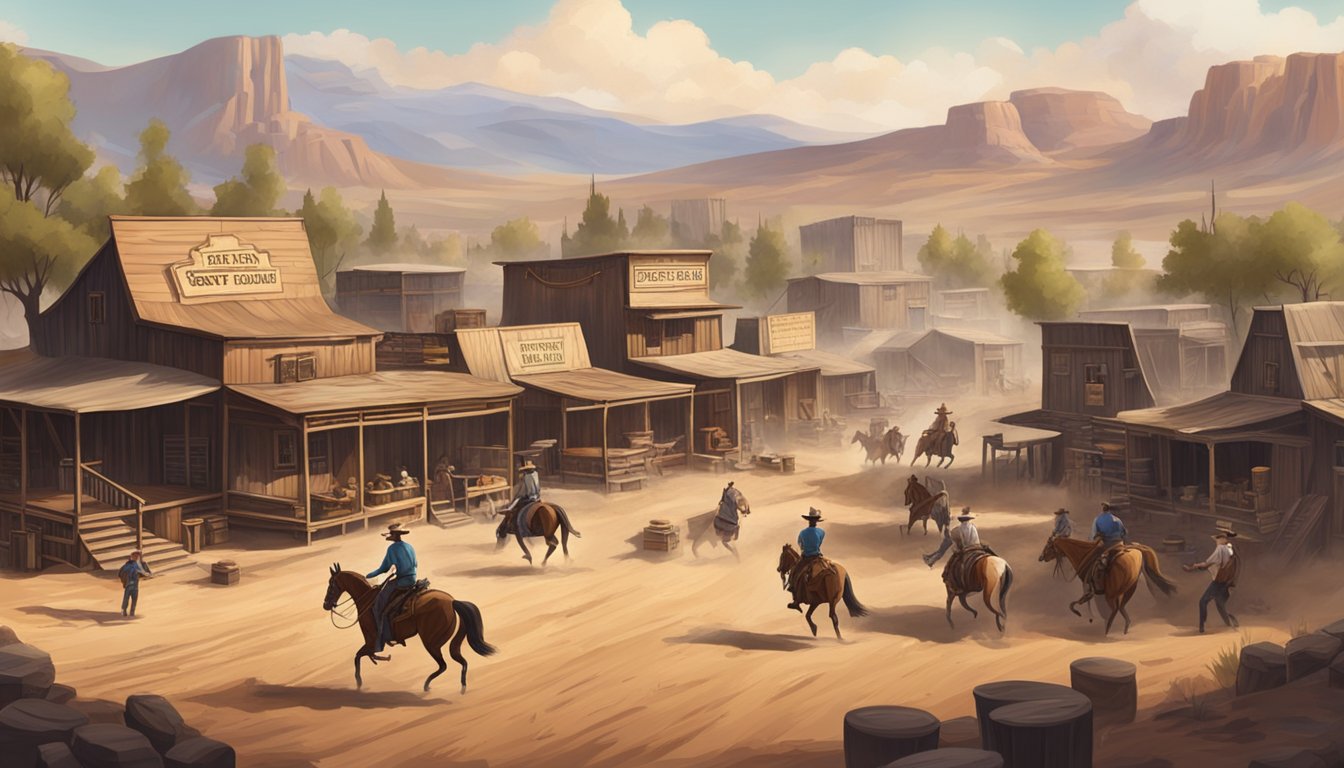 A dusty western town with wooden buildings, a saloon, and a shooting range. Cowboys in traditional attire compete in shooting competitions