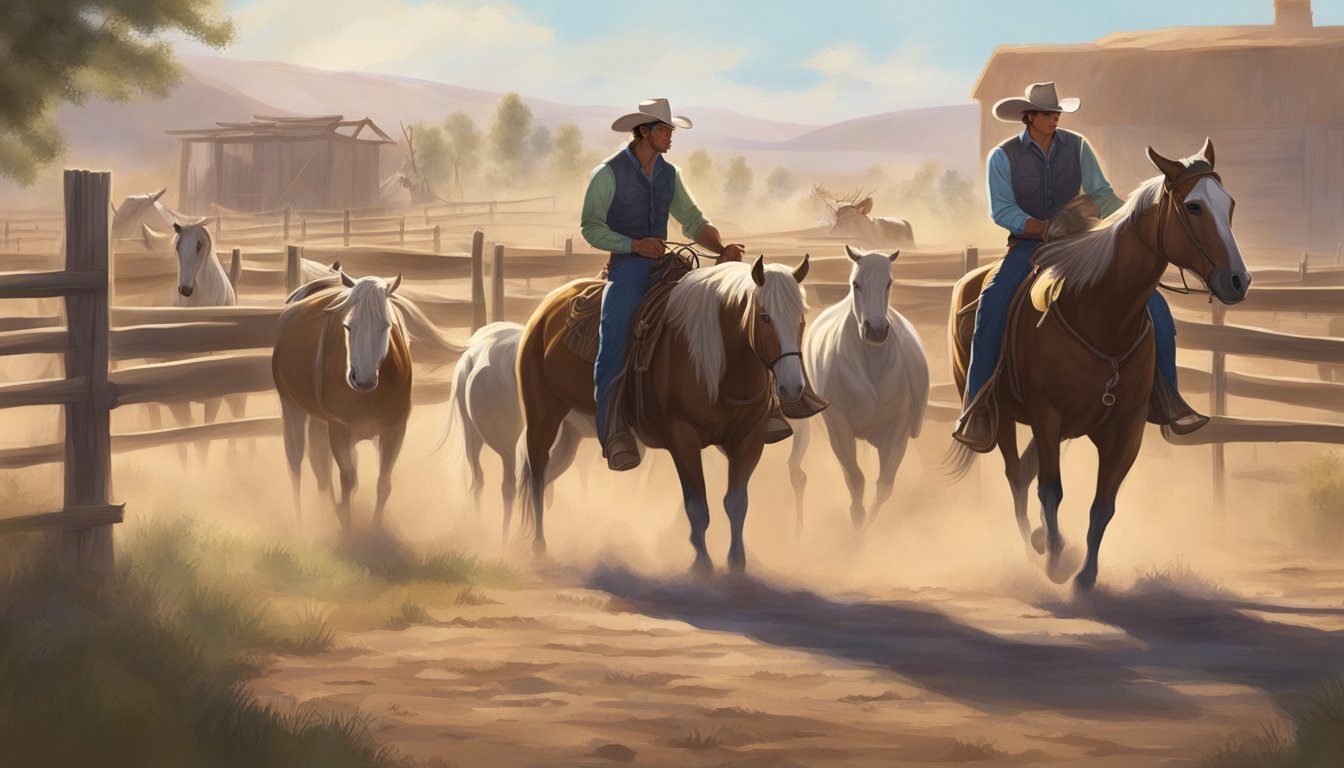 A cowboy lassos a calf while others build a fence and tend to horses in a dusty, sun-drenched corral