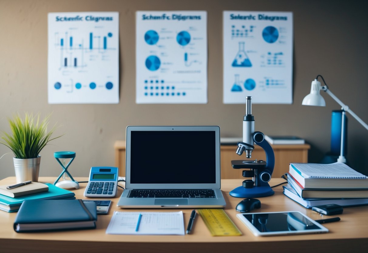 A cluttered desk with a laptop, textbooks, calculator, ruler, and microscope. Posters of scientific diagrams and equations on the wall