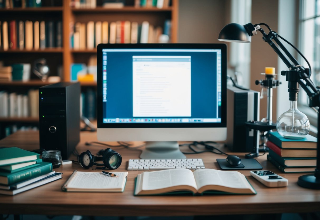 A cluttered desk with a computer, textbooks, and scientific equipment