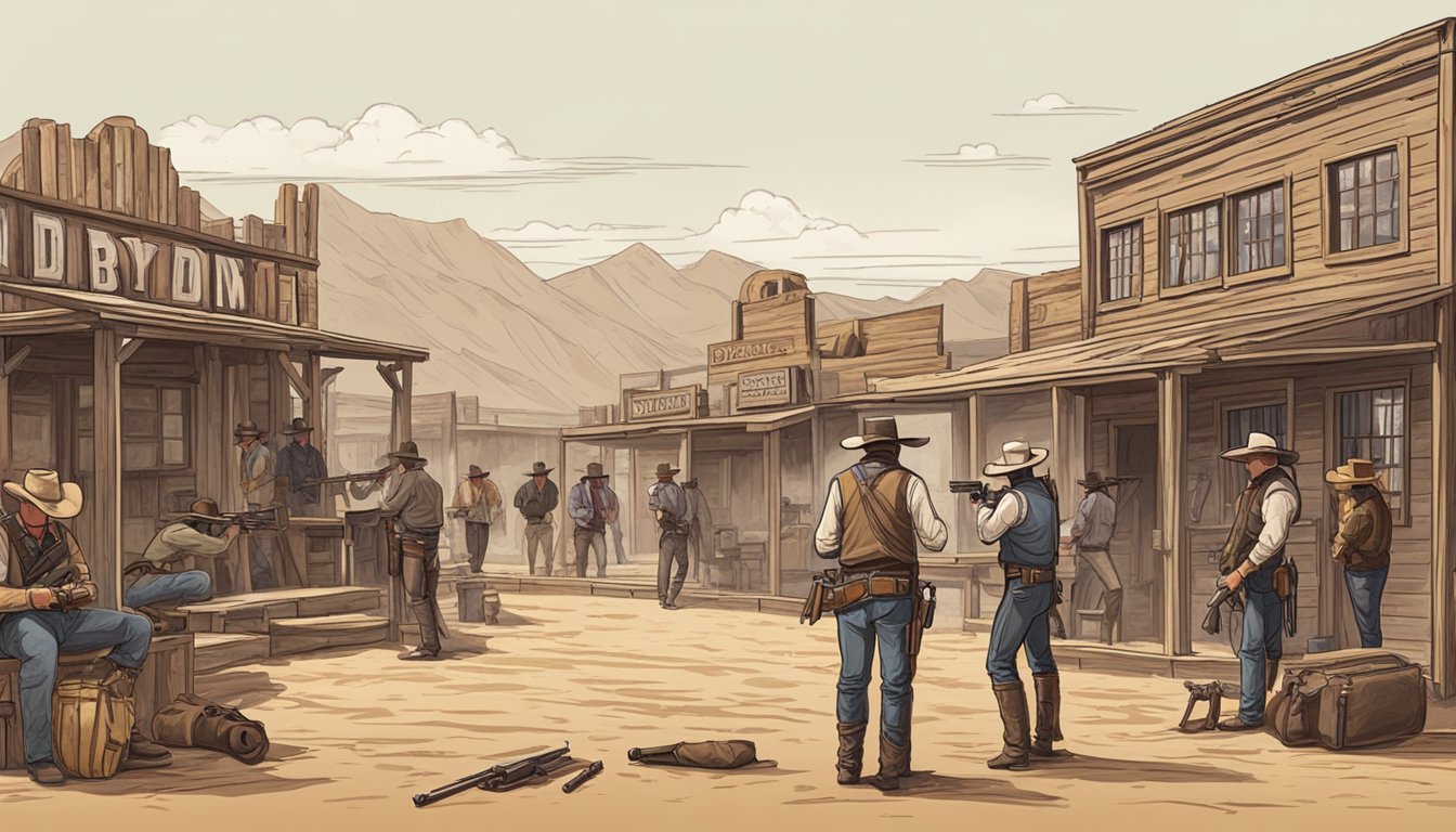 A dusty western town with a shooting range, lined with vintage firearms and cowboy gear. A group of enthusiasts in cowboy attire participate in a lively shooting competition