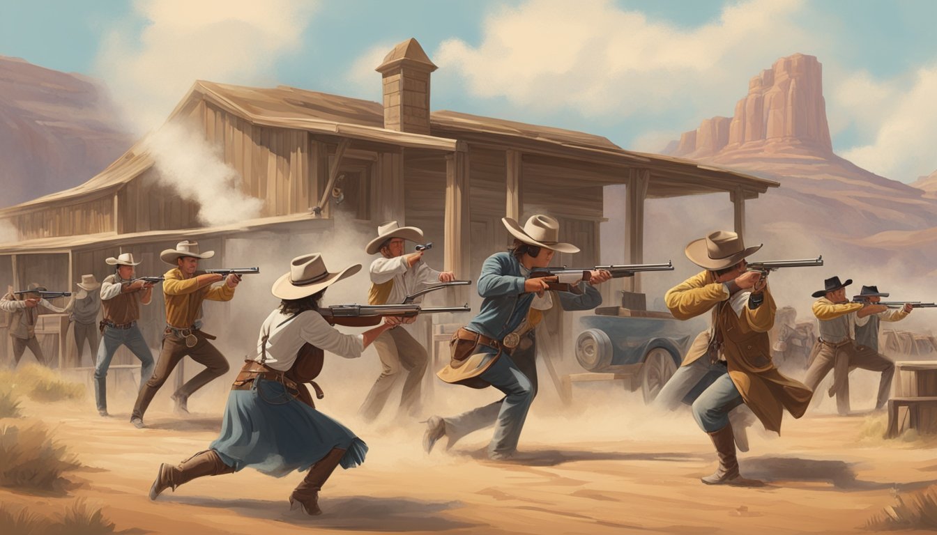 A group of cowboys and cowgirls engage in a fast-paced shooting competition at a historical western-style shooting range. Targets, guns, and cowboy attire are prominent