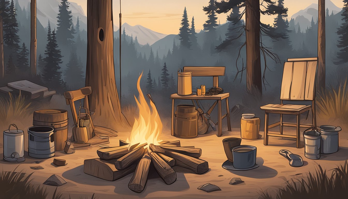 A lone campfire surrounded by a collection of tools and supplies, with a cowboy hat hanging on a nearby post