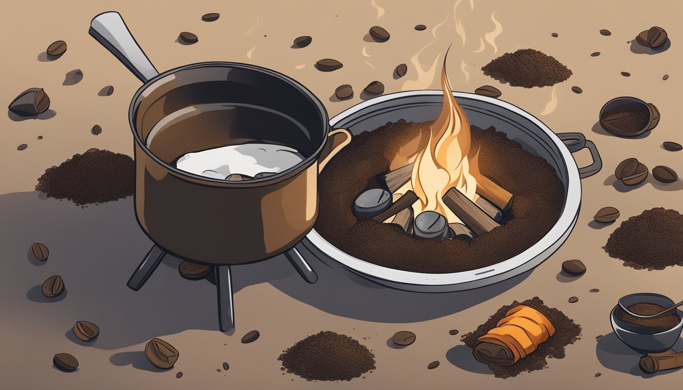 A campfire surrounded by scattered coffee grounds and a clean, empty pot resting on the ashes