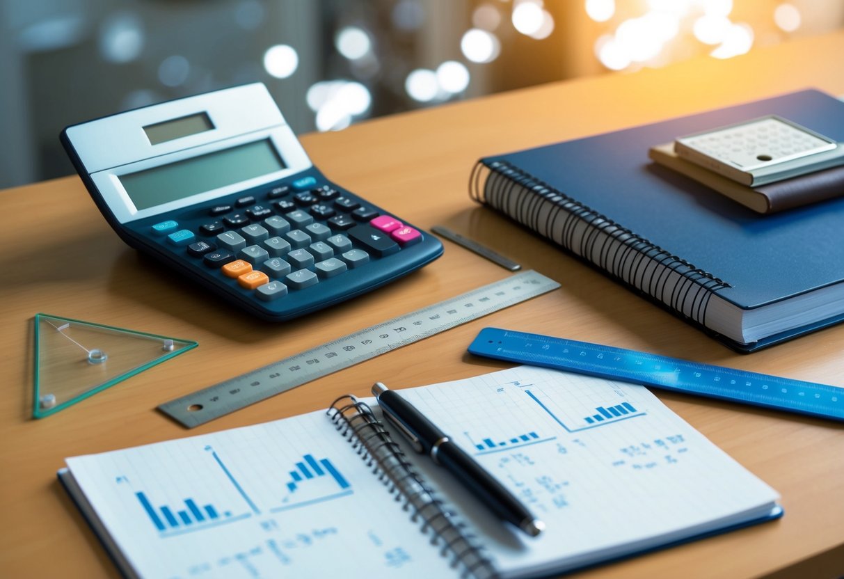 A desk with a calculator, ruler, protractor, textbooks, and a notebook with equations and graphs