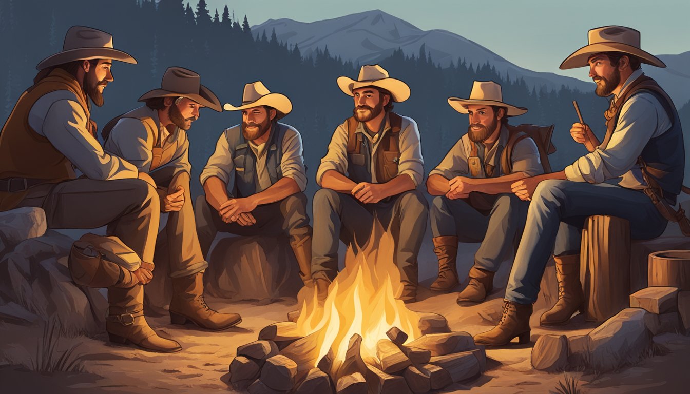 A group of people gather around a campfire, sharing stories and practicing traditional cowboy skills such as roping and riding