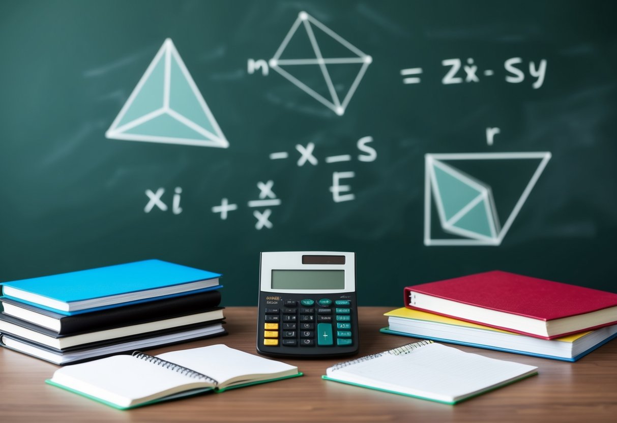 A desk with textbooks, notebooks, and a calculator surrounded by geometric shapes and equations on a chalkboard