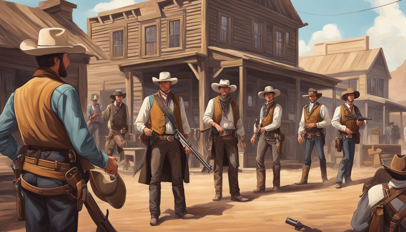 A group of cowboy action shooters gather at a historic western town, surrounded by vintage firearms and traditional cowboy attire