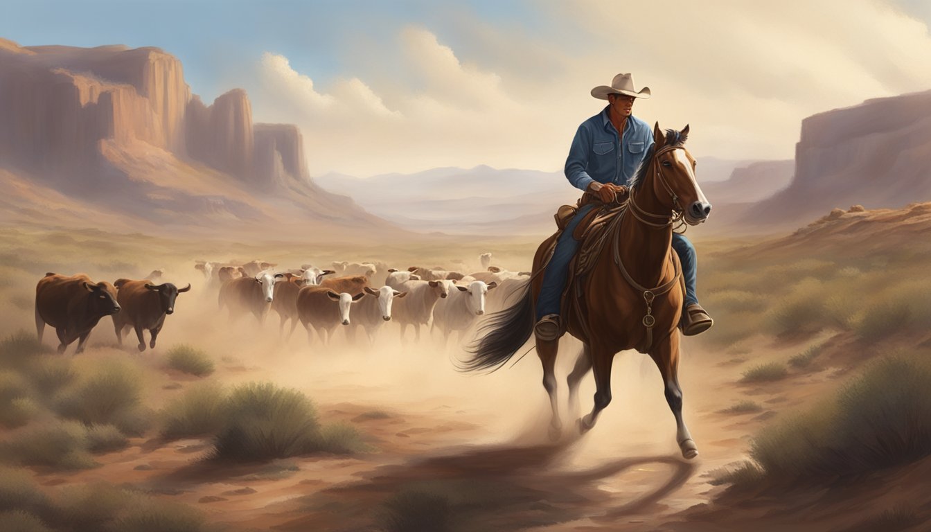 A lone cowboy riding through a rugged landscape, herding cattle along a dusty trail